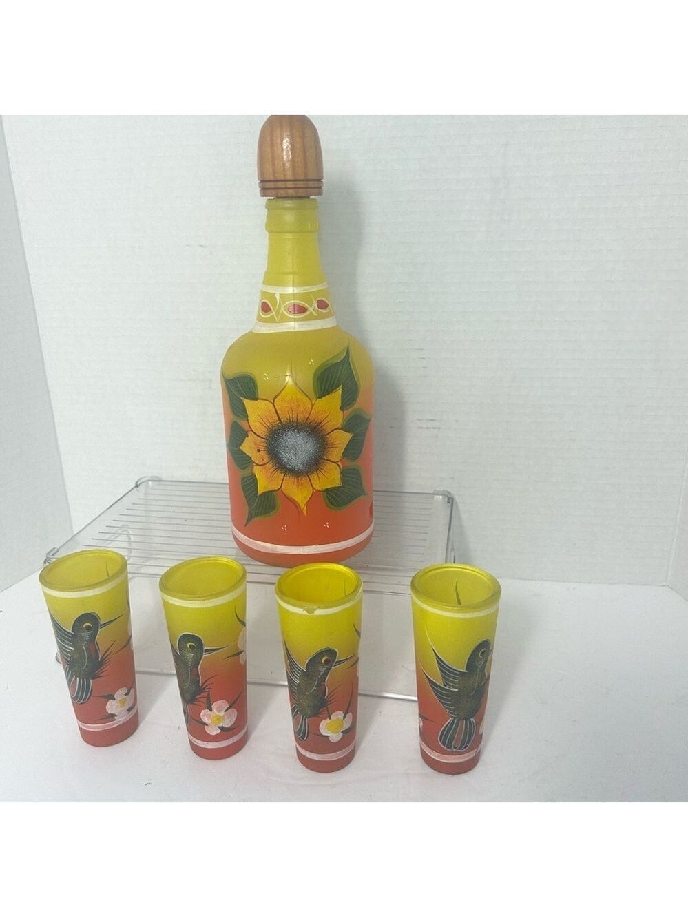 VTG Tequila Drink Set Bottle Shot Glasses Hand Painted Sunflowers Hummingbirds